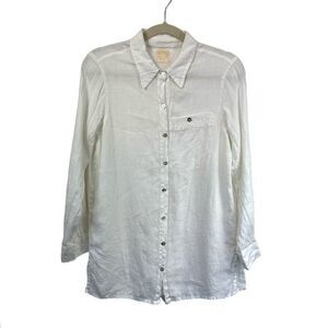 Morning View Crisp White Linen Oversized Button Front Blouse, XS